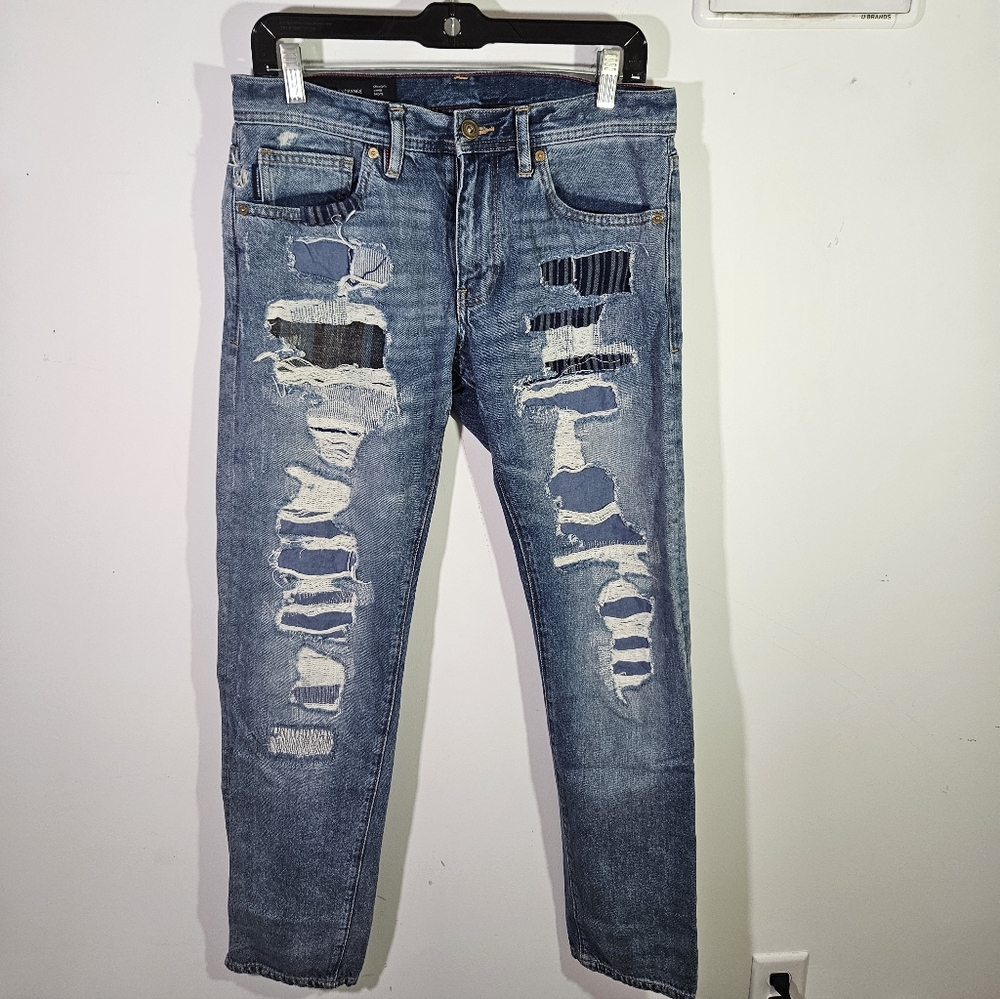Men's Armani Exchange Straight Fit Distressed Patchwork Blue Denim Jeans!